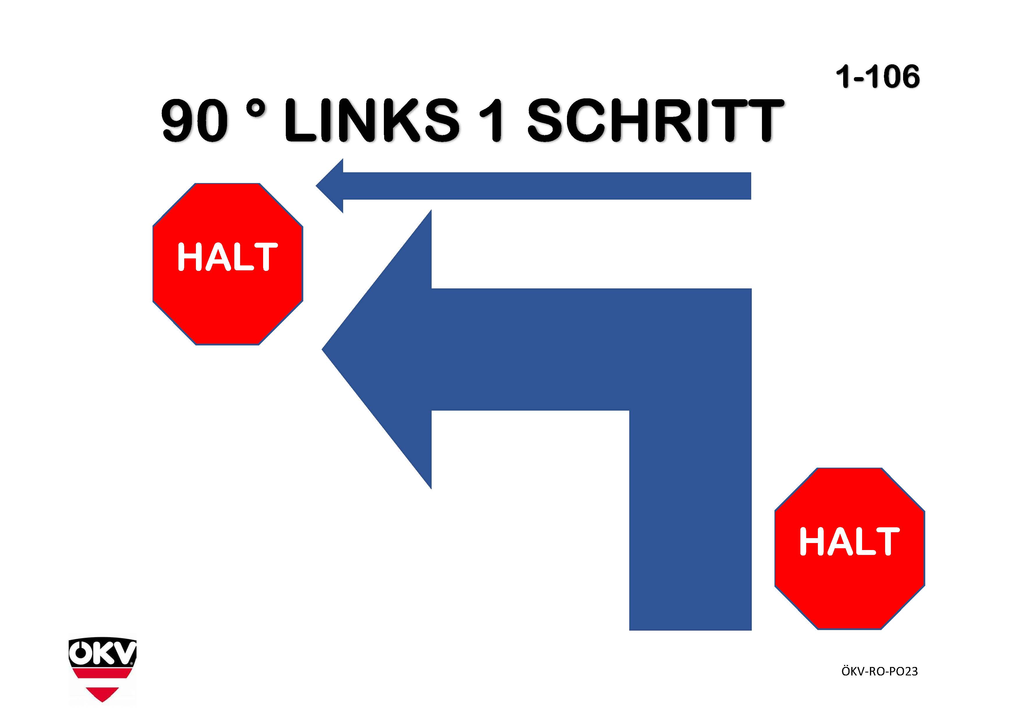 Halt – 90°-Drehung links – 1 Schritt – Halt