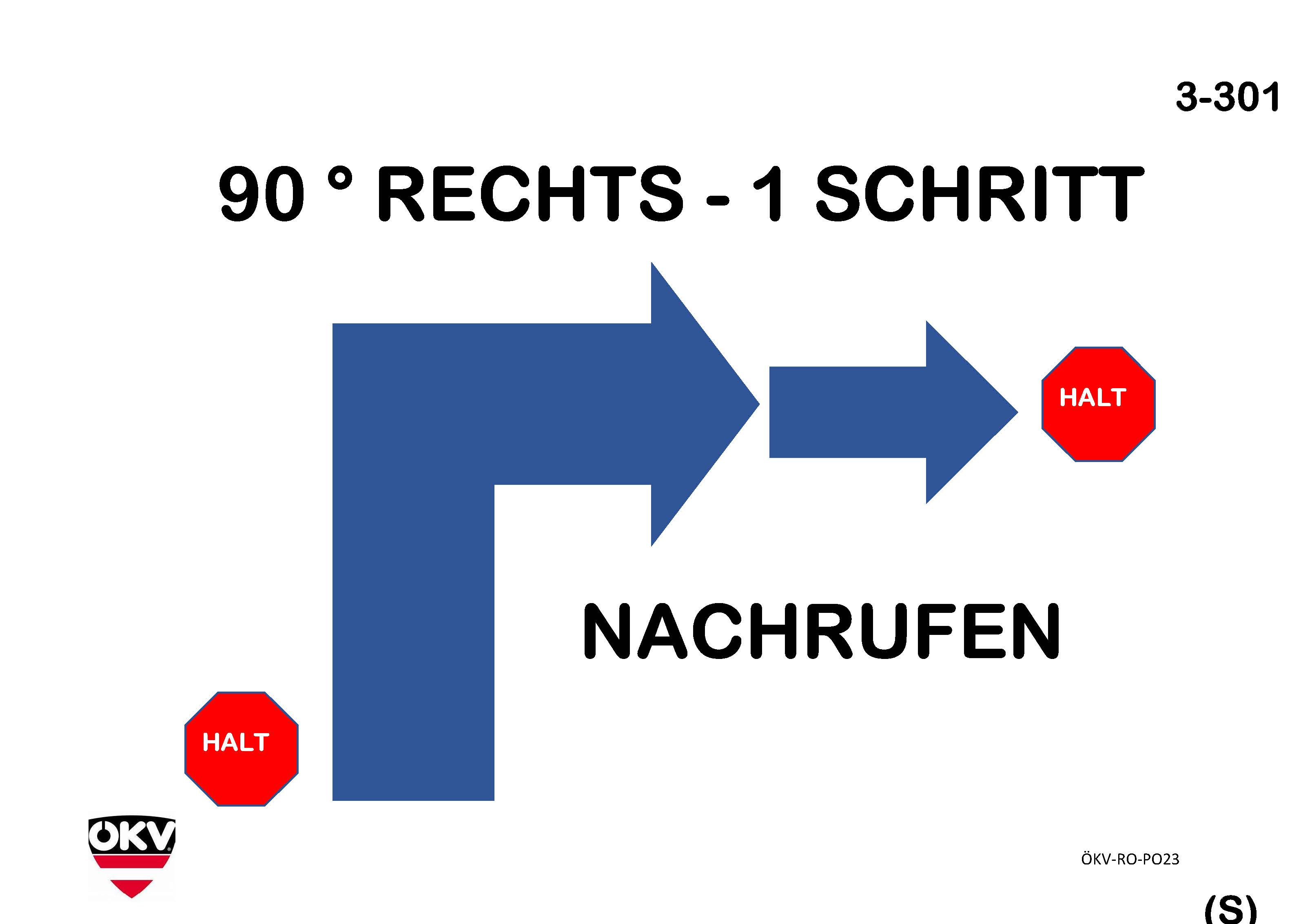 Halt – 90°-Drehung rechts – 1 Schritt Halt – Nachruf in die Fußposition – Halt