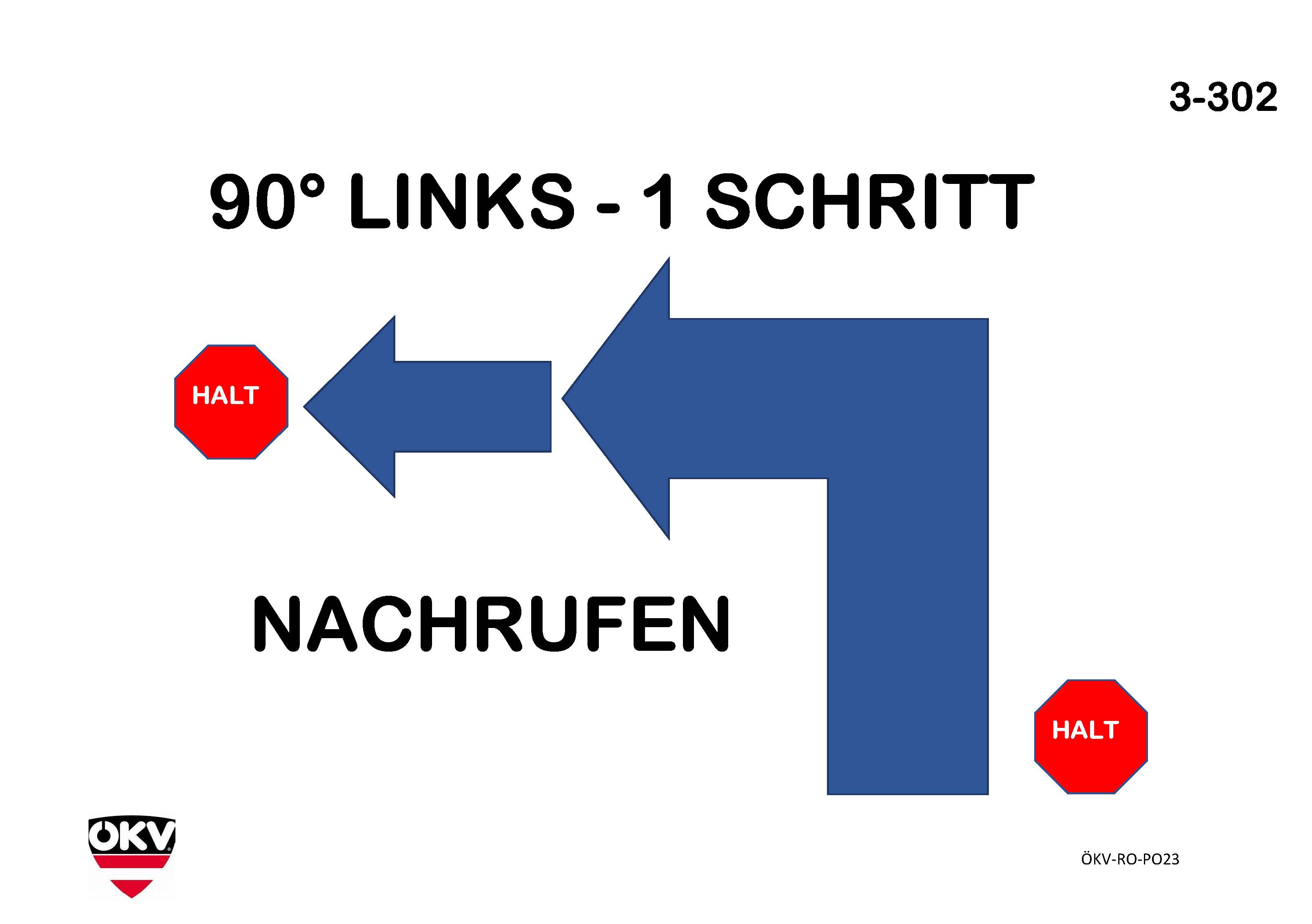 Halt – 90°-Drehung links – 1 Schritt Halt – Nachruf in die Fußposition – Halt